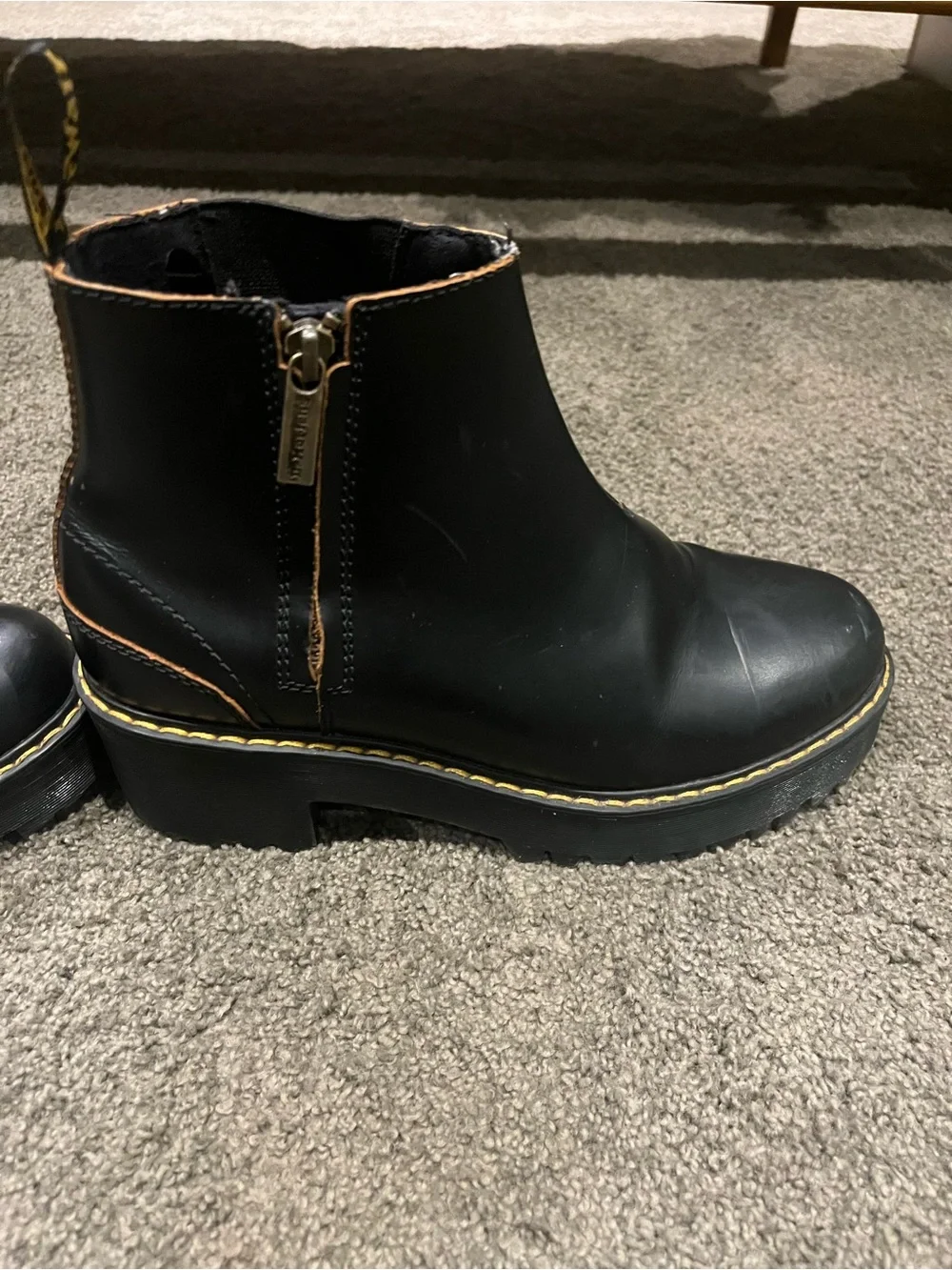 Dr. Martens Black Chelsea Platform Booties with Yellow Stitching